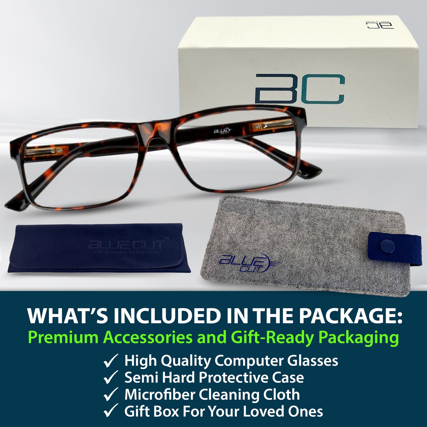 Tortoiseshell glasses with accessories and gift box on a white background