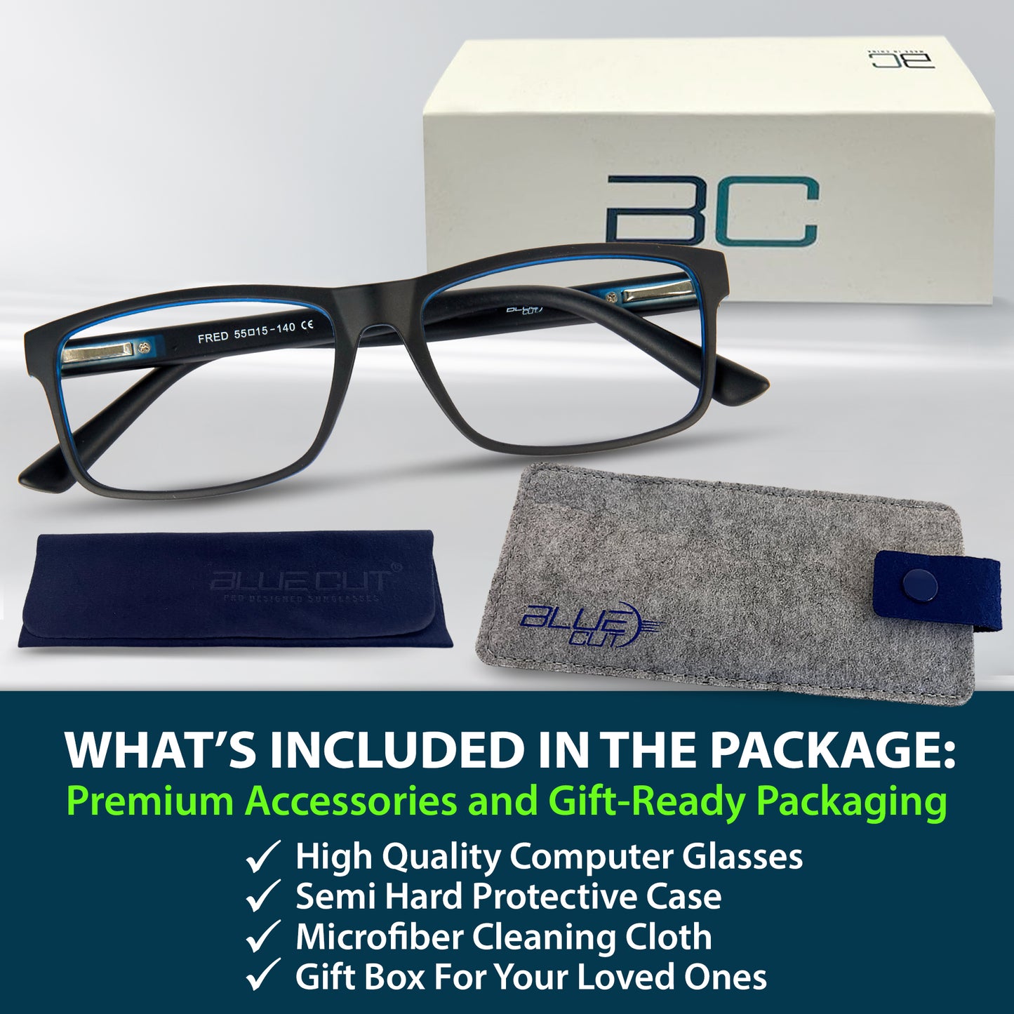 Black computer glasses with accessories and gift box on a white background