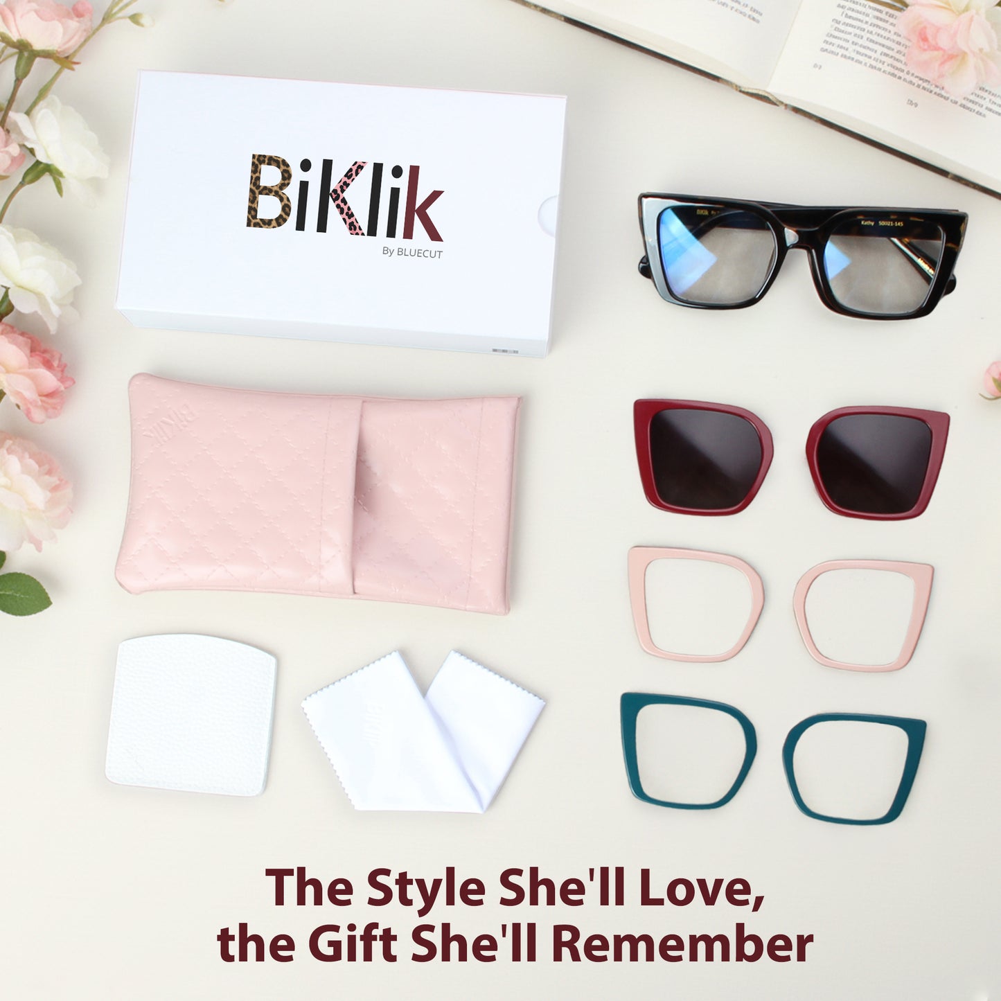 Sunglasses, pink cases, and frame samples with 'Biklik' branding on a light surface.