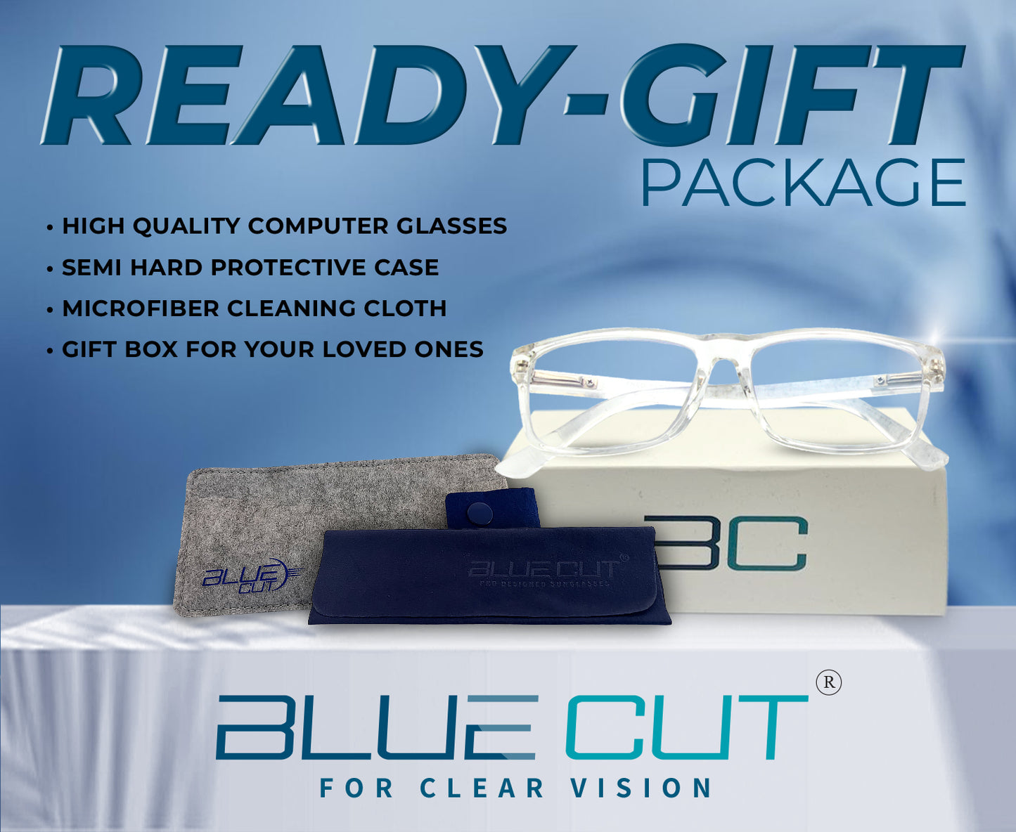 Blue Cut computer glasses with case, cleaning cloth, and gift box on a blue background