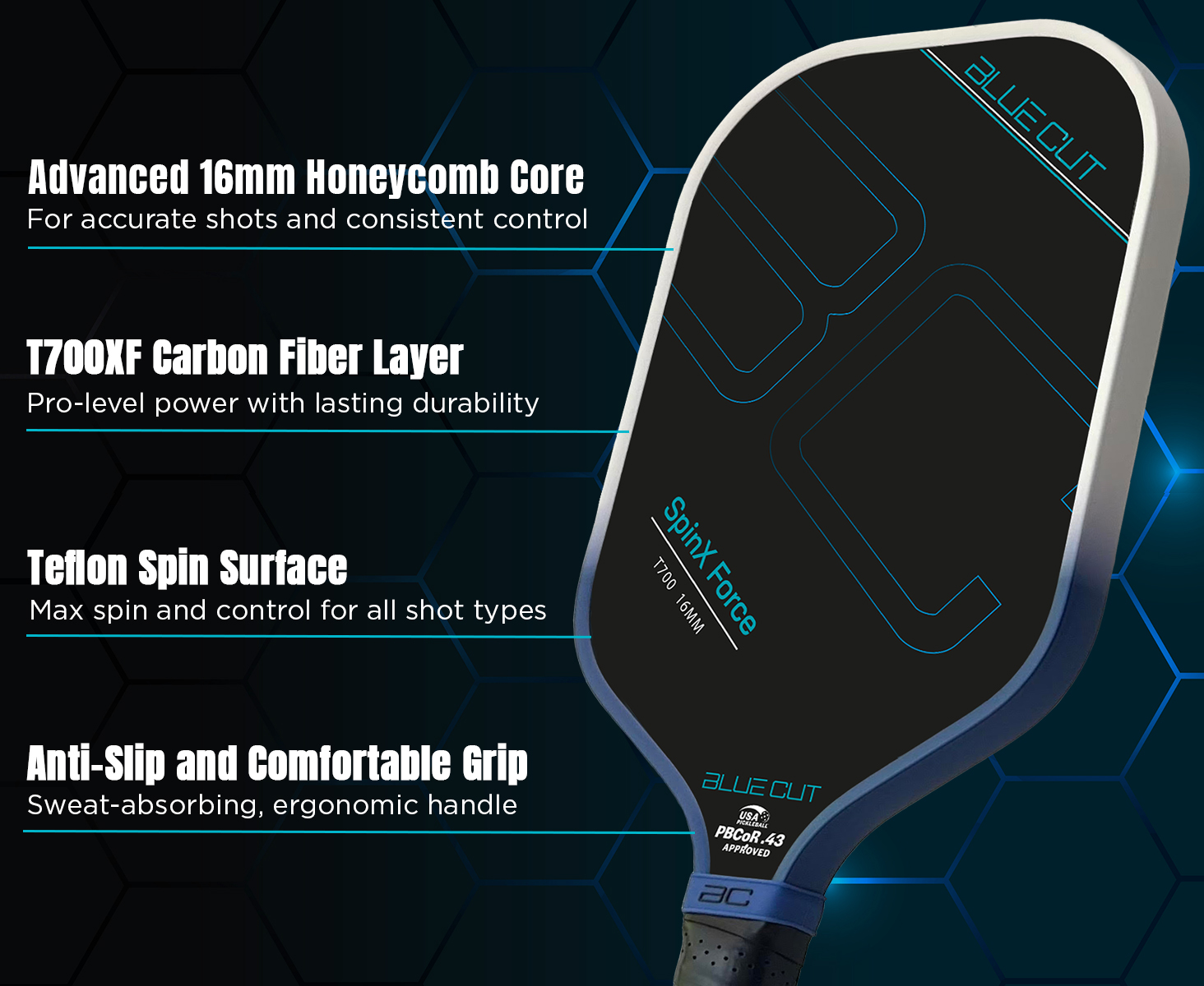 Pickleball paddle with feature text on a dark background