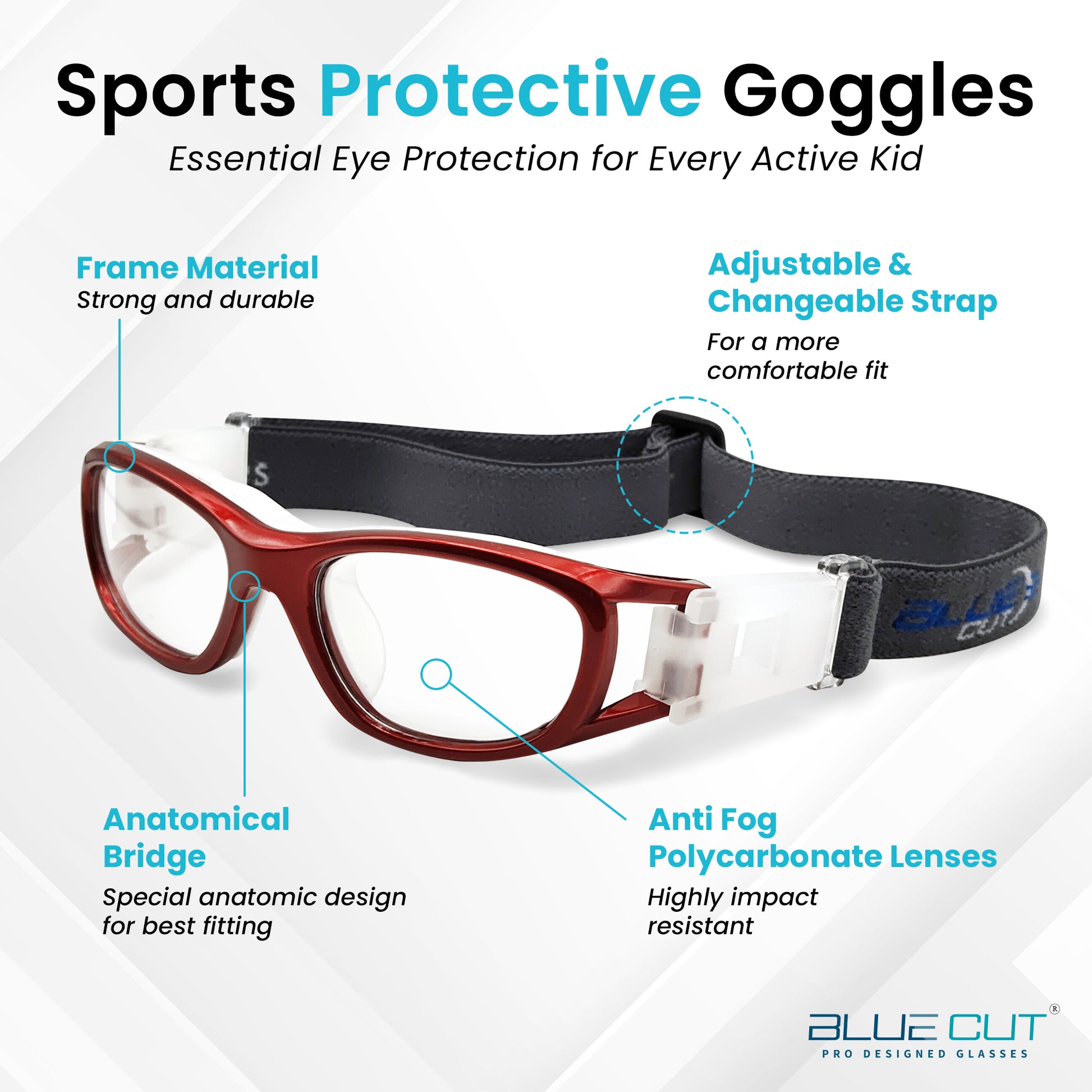 Sports protective goggles with features highlighted on a white background