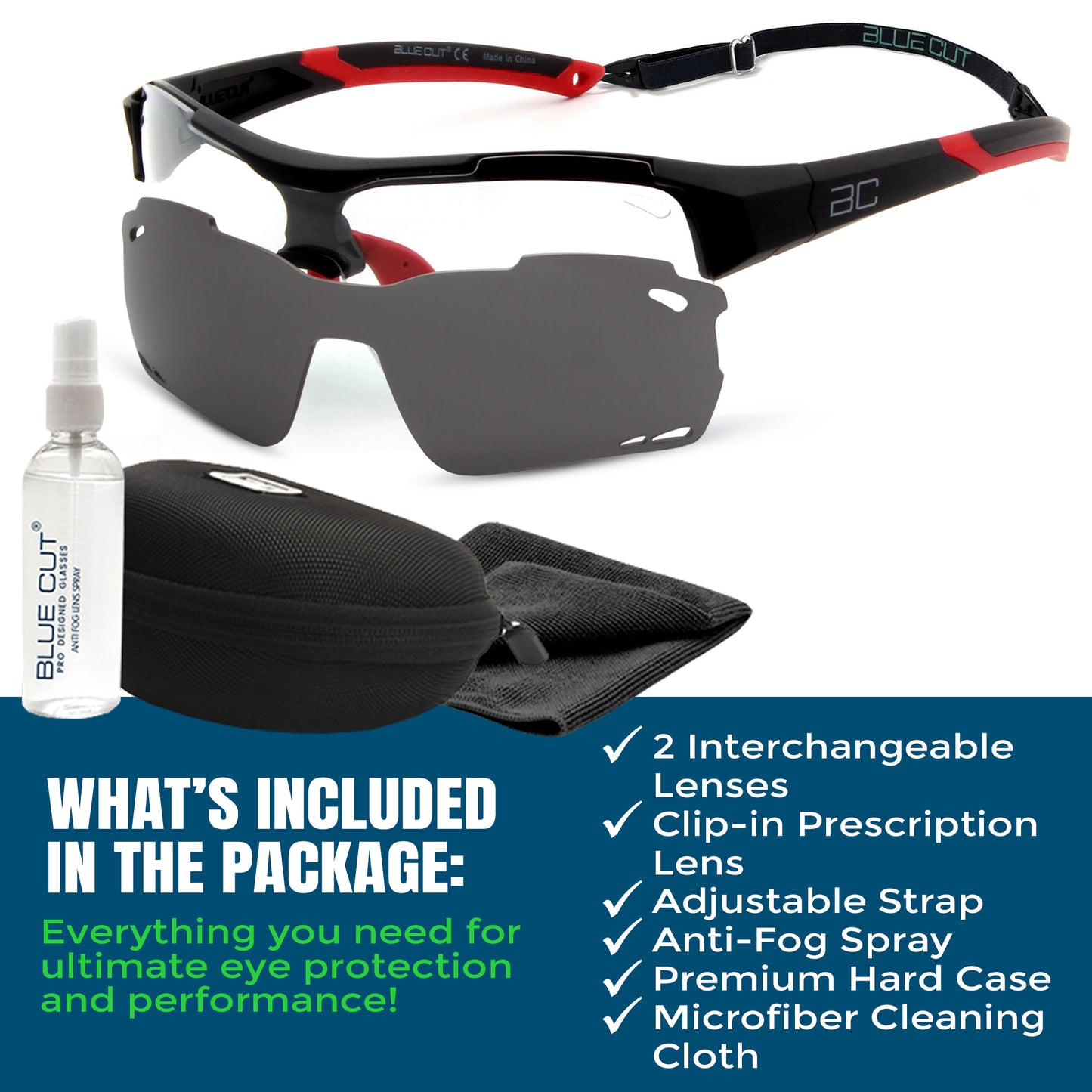Sunglasses with interchangeable lenses, clip-in prescription lens, anti-fog spray, hard case, and cleaning cloth on a white background.
