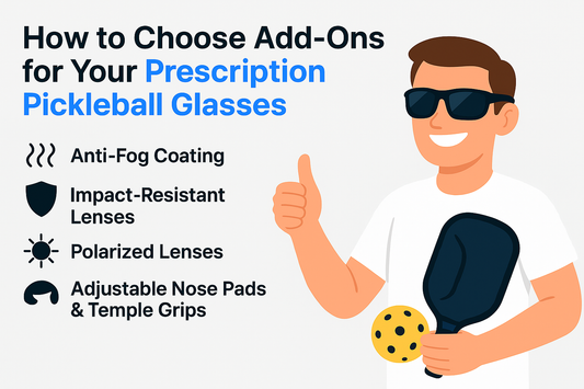 Illustration of a person with a pickleball paddle and ball, highlighting add-ons for prescription pickleball glasses.