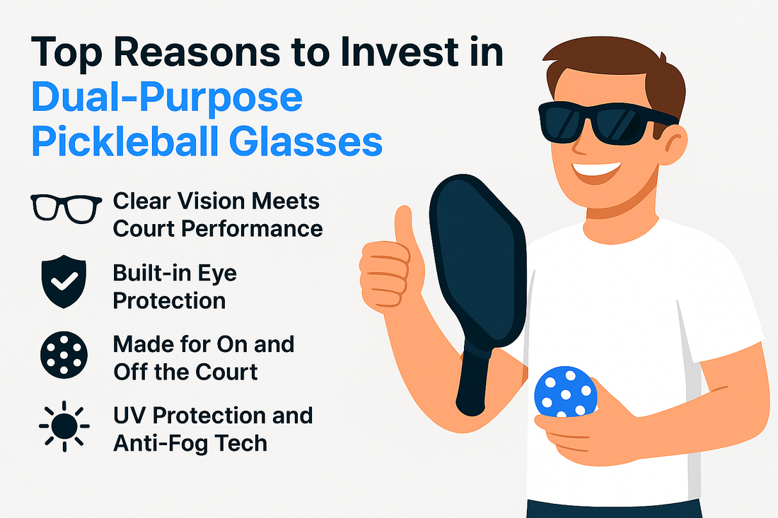 Illustration of a smiling person holding a pickleball paddle and ball next to a list of reasons to invest in dual-purpose pickleball glasses.
