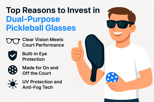 Illustration of a smiling person holding a pickleball paddle and ball next to a list of reasons to invest in dual-purpose pickleball glasses.