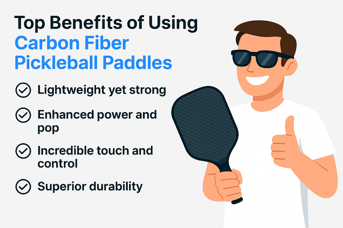 Illustration of a person holding a carbon fiber pickleball paddle with a thumbs up, highlighting its benefits.