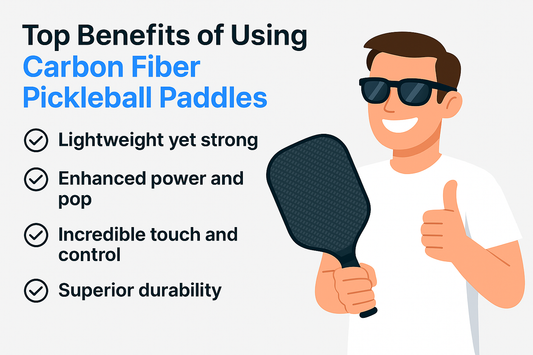 Illustration of a person holding a carbon fiber pickleball paddle with a thumbs up, highlighting its benefits.