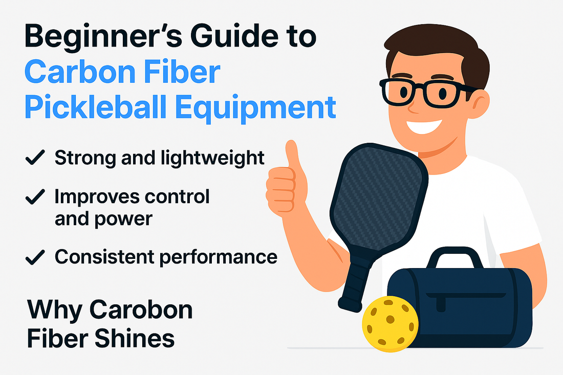 Illustration of a person with glasses holding a carbon fiber pickleball paddle, with equipment and text about its benefits.