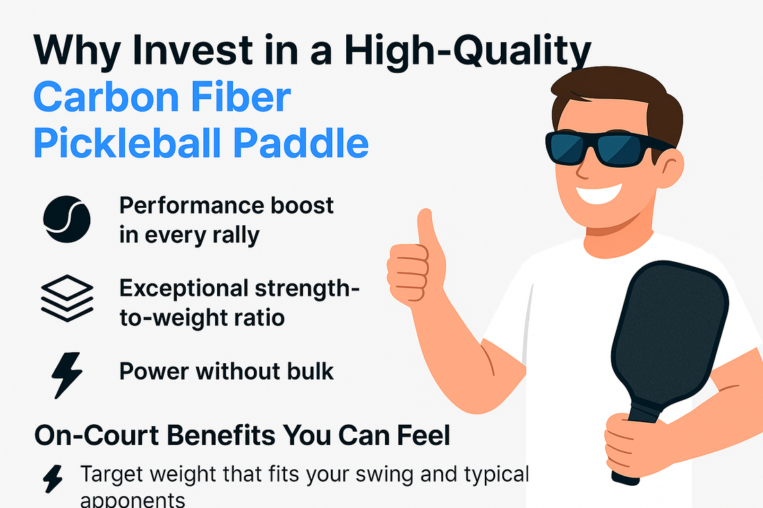 Cartoon man holding a carbon fiber pickleball paddle with benefits of the paddle listed beside him.