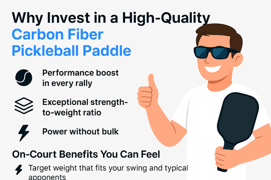 Cartoon man holding a carbon fiber pickleball paddle with benefits of the paddle listed beside him.