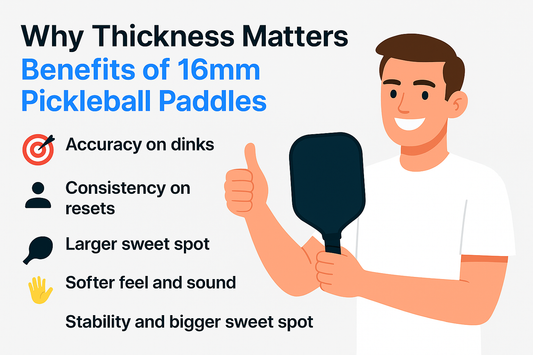 A cartoon person holds a pickleball paddle with text highlighting the benefits of 16mm thickness, such as accuracy and consistency.