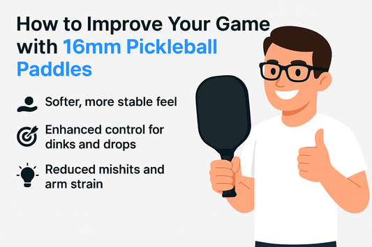 Illustration of a person holding a pickleball paddle with text promoting 16mm paddles for improved gameplay.
