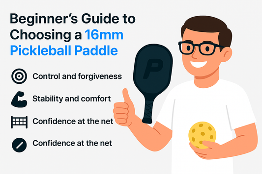 Illustration of a person holding a pickleball paddle and ball next to a guide on choosing a 16mm paddle that emphasizes control, forgiveness, stability, comfort, and confidence at the net.
