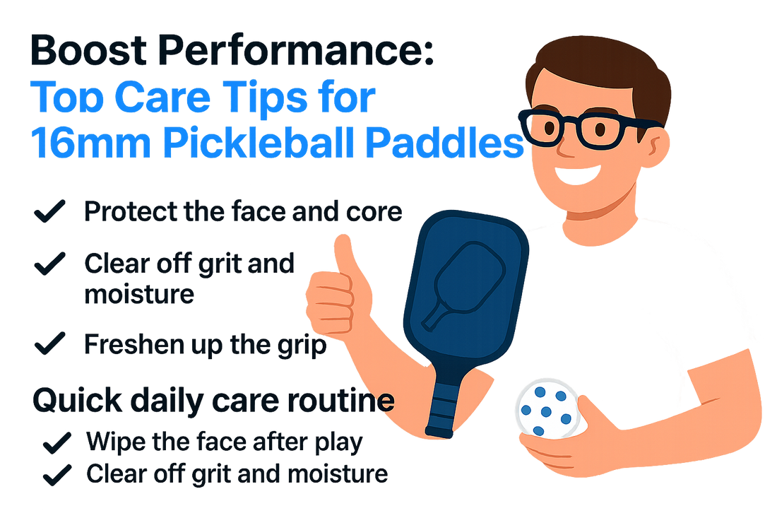 Illustration of a person holding a pickleball paddle and ball with tips for maintaining pickleball paddles.