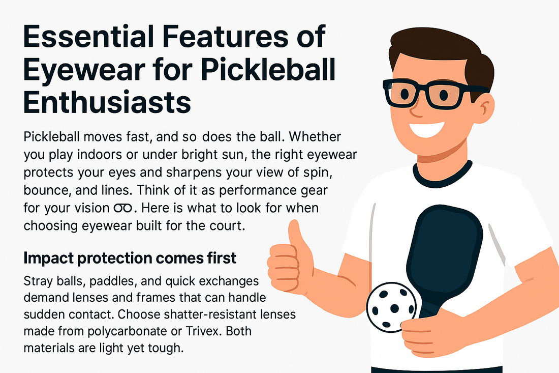 Illustration of a person with glasses holding a pickleball paddle and ball, next to text about essential eyewear features for pickleball.
