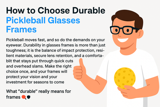 Illustrated guide on choosing durable pickleball glasses frames with a smiling person holding a pickleball and giving a thumbs-up.