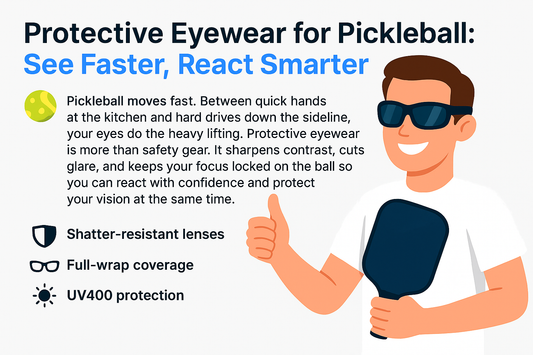 Illustration of a person wearing protective eyewear for pickleball with features like shatter-resistant lenses, full-wrap coverage, and UV400 protection.