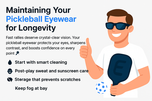 Illustration of a person with sunglasses holding a pickleball paddle and giving a thumbs up, next to pickleball eyewear maintenance tips.