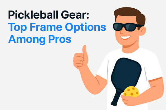 A smiling person wearing sunglasses gives a thumbs-up while holding a pickleball paddle and ball, with the text "Pickleball Gear: Top Frame Options Among Pros" displayed.
