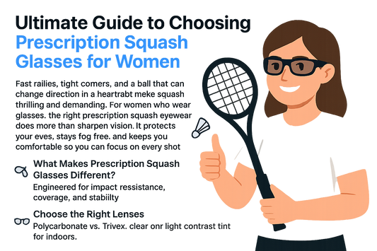 Illustration of a woman with glasses holding a squash racket, accompanied by text about prescription squash glasses for women.