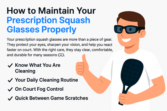 Illustration of a person with glasses giving a thumbs up next to tips for maintaining prescription squash glasses.