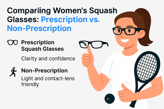 Illustration comparing prescription and non-prescription women's squash glasses, featuring a player holding a racket.