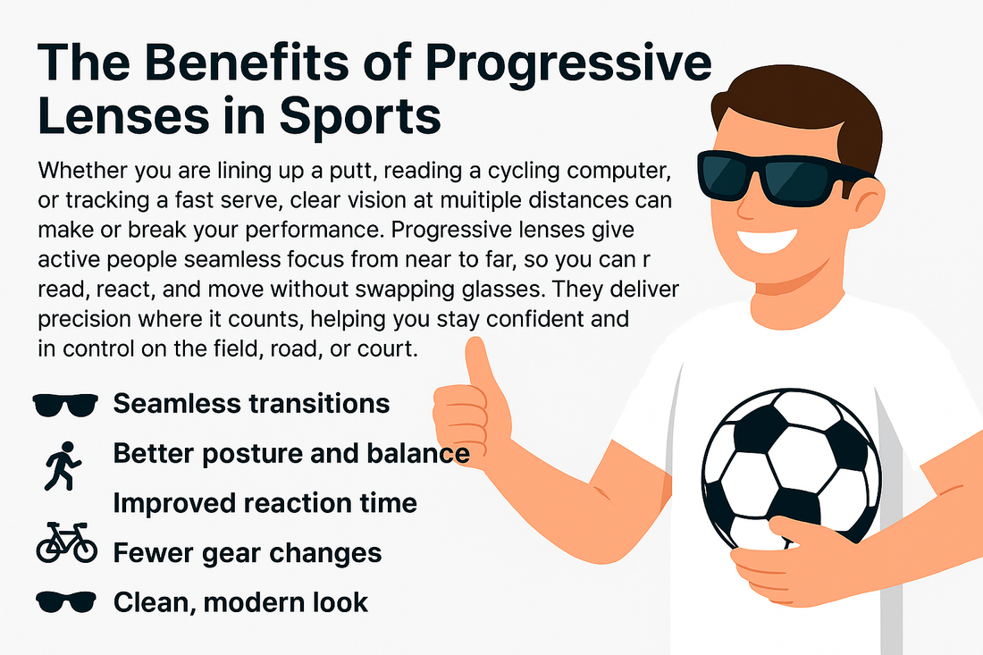 Illustration of a smiling person holding a soccer ball with text explaining the benefits of progressive lenses in sports.