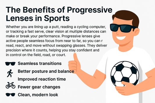 Illustration of a smiling person holding a soccer ball with text explaining the benefits of progressive lenses in sports.