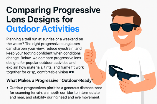 Illustration of a smiling person wearing sunglasses and giving a thumbs up next to text about progressive lens designs for outdoor activities.