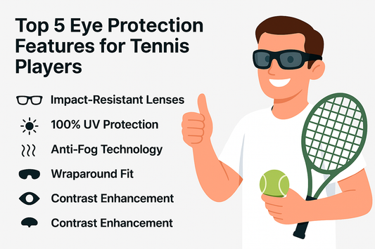 Illustration of a tennis player with sunglasses holding a racquet and a ball, next to a list of eye protection features.