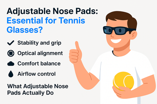 Illustration of a smiling person in sunglasses holding a tennis ball, next to a list detailing the benefits of adjustable nose pads for tennis glasses.