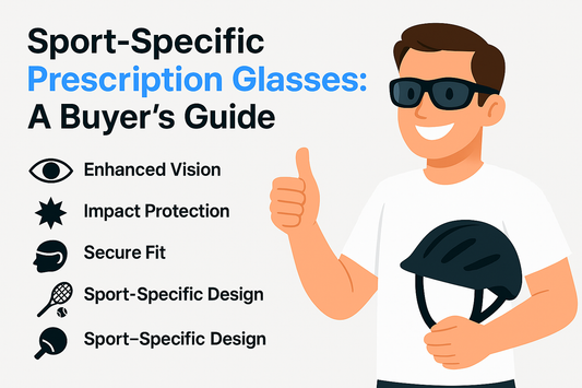 Illustration of a person with sunglasses holding a helmet, next to a list of features for sport-specific prescription glasses.