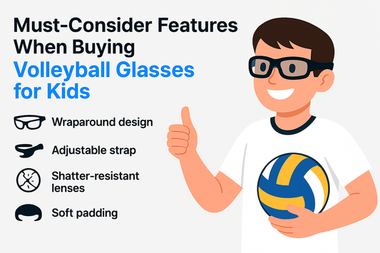 Illustration of a child wearing glasses and holding a volleyball, with text outlining key features to consider when buying volleyball glasses for kids.