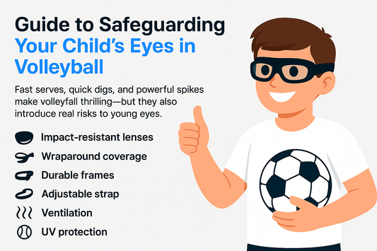 A child wearing protective eyewear gives a thumbs-up next to a guide on safeguarding eyes in volleyball.