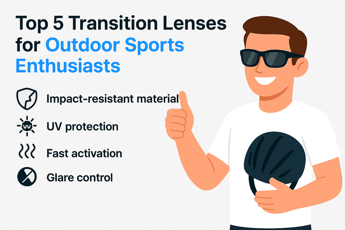 Illustration of a person wearing sunglasses and holding a helmet, with information about transition lenses for outdoor sports enthusiasts.