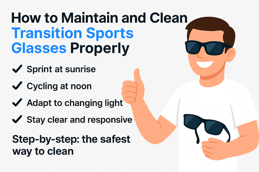 Illustration of a person with sunglasses giving a thumbs up next to tips on maintaining transition sports glasses.