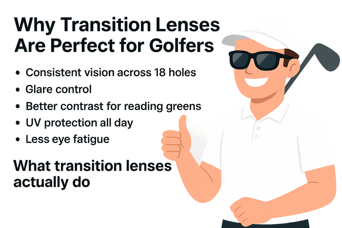 Illustration of a golfer wearing transition lenses, highlighting benefits like glare control and UV protection.