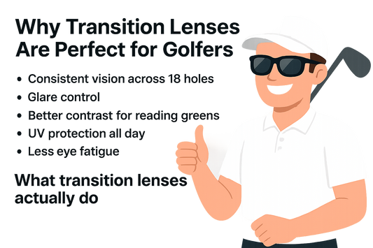 Illustration of a golfer wearing transition lenses, highlighting benefits like glare control and UV protection.