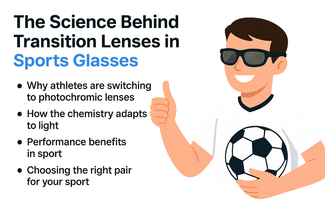 A cartoon character wearing sunglasses gives a thumbs up, holding a soccer ball, with text about transition lenses in sports glasses.