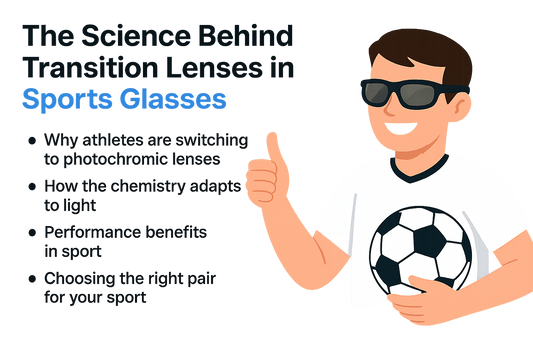 A cartoon character wearing sunglasses gives a thumbs up, holding a soccer ball, with text about transition lenses in sports glasses.