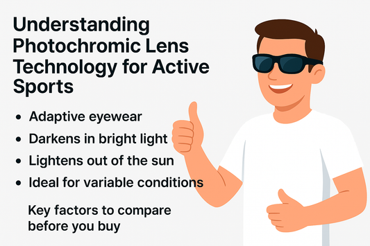 Illustration of a person wearing sunglasses with text about photochromic lens technology for sports.