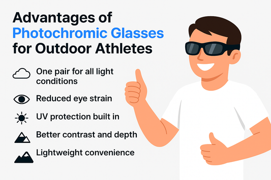 Illustration of a person wearing black sunglasses with a list of benefits of photochromic glasses for outdoor athletes.