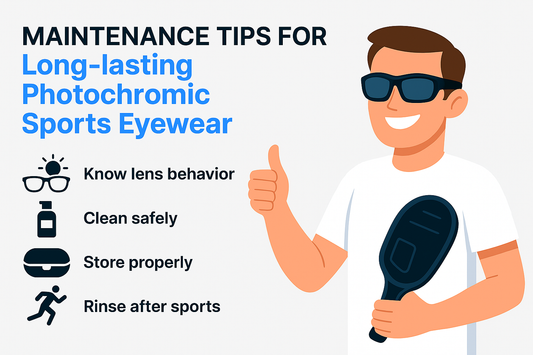 Illustration of a person with sunglasses holding a paddle, alongside maintenance tips for photochromic sports eyewear.