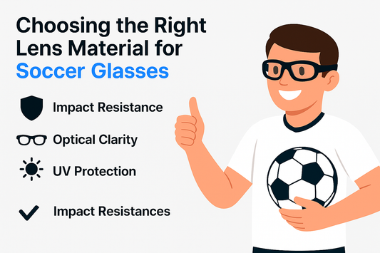 Illustration emphasizing the importance of choosing the right lens material for soccer glasses, highlighting impact resistance, optical clarity, and UV protection.