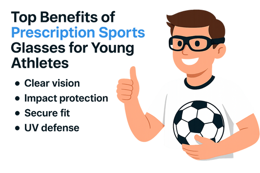Illustration of a boy wearing sports glasses and holding a soccer ball, with text about the benefits of prescription sports glasses.