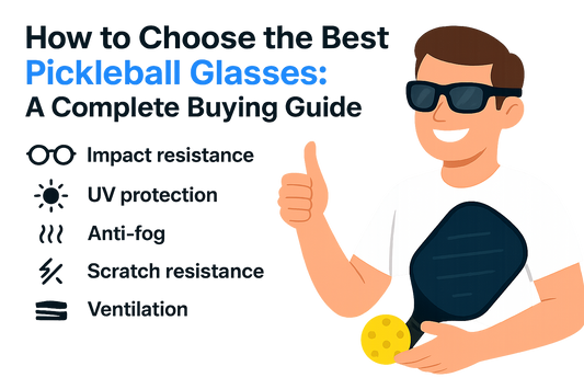 Illustration of a person with sunglasses and a pickleball paddle giving a thumbs-up, next to a guide on choosing pickleball glasses with highlighted features.