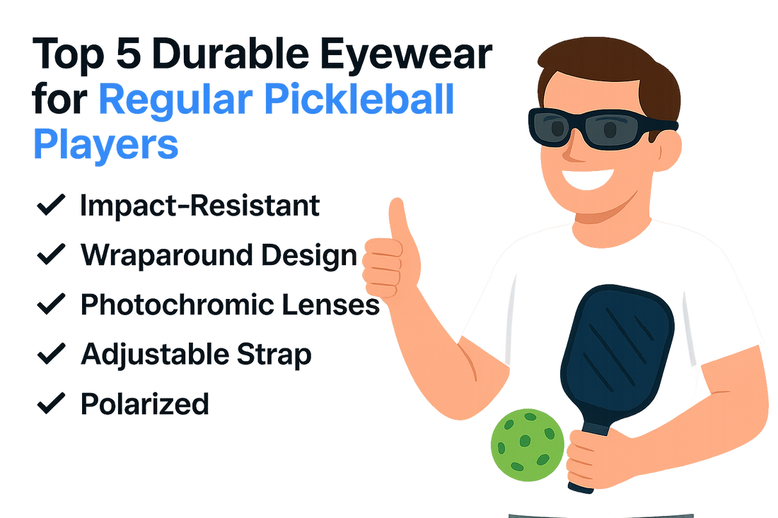 Illustration of a person in sunglasses holding a pickleball paddle and ball, with a list of features for durable pickleball eyewear.