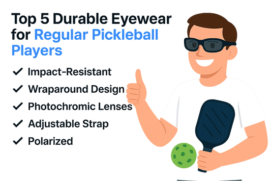 Illustration of a person in sunglasses holding a pickleball paddle and ball, with a list of features for durable pickleball eyewear.
