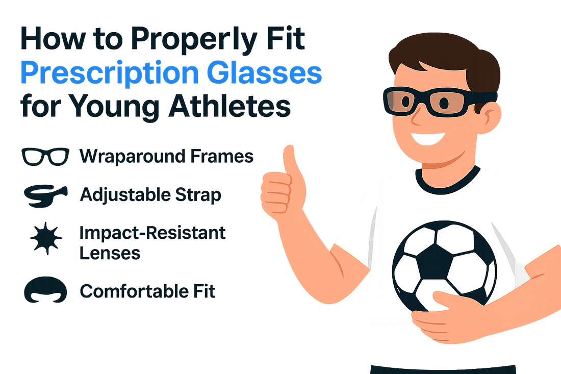 Illustration of a young athlete wearing glasses, holding a soccer ball, with text about fitting prescription glasses.